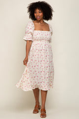 Pink Floral Smocked Gauze Midi Dress