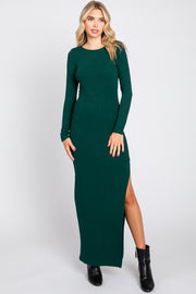 Green Ribbed Long Sleeve Side Slit Maxi Dress