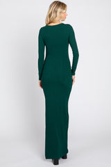 Green Ribbed Long Sleeve Side Slit Maxi Dress