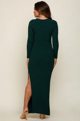 Green Ribbed Long Sleeve Side Slit Maternity Maxi Dress