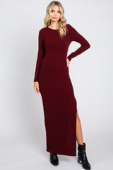 Burgundy Ribbed Long Sleeve Side Slit Maternity Maxi Dress