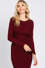 Burgundy Ribbed Long Sleeve Side Slit Maxi Dress