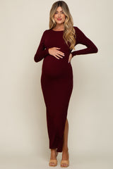 Burgundy Ribbed Long Sleeve Side Slit Maternity Maxi Dress