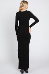 Black Ribbed Long Sleeve Side Slit Maxi Dress