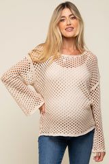 Beige Open Knit Bell Sleeve Maternity Sweater