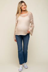 Beige Open Knit Bell Sleeve Maternity Sweater