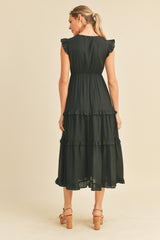 Black Smocked Ruffled Midi Dress