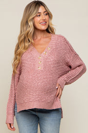 Mauve Chunky Knit Button V-Neck Maternity Sweater