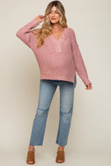 Mauve Chunky Knit Button V-Neck Maternity Sweater