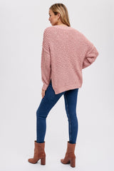 Mauve Chunky Knit Button V-Neck Sweater