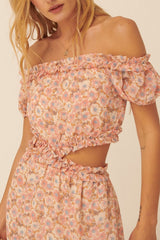 Peach Floral Off-Shoulder Ruffle Side Cutout Mini Dress