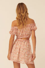 Peach Floral Off-Shoulder Ruffle Side Cutout Mini Dress