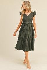 Black Smocked Flutter Sleeve Tiered Midi Dress