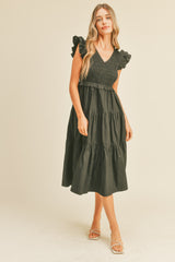 Black Smocked Flutter Sleeve Tiered Midi Dress