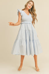 Light Blue Smocked Flutter Sleeve Tiered Maternity Midi Dress