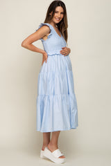 Light Blue Smocked Flutter Sleeve Tiered Maternity Midi Dress