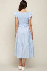 Light Blue Smocked Flutter Sleeve Tiered Maternity Midi Dress