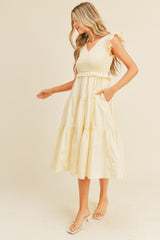 Cream Smocked Flutter Sleeve Tiered Midi Dress