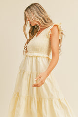 Cream Smocked Flutter Sleeve Tiered Midi Dress