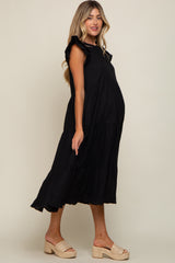 Black Ruffle Shoulder Tiered Maternity Midi Dress