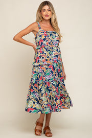 Navy Blue Multi-Color Floral Sleeveless Tiered Maternity Midi Dress