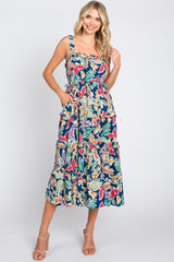 Navy Blue Multi-Color Floral Sleeveless Tiered Maternity Midi Dress