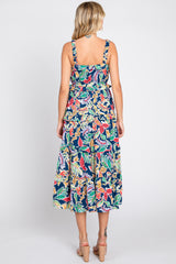 Navy Blue Multi-Color Floral Sleeveless Tiered Midi Dress