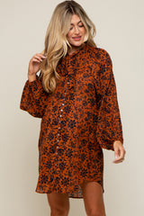 Rust Floral Button Down Long Puff Sleeve Maternity Dress