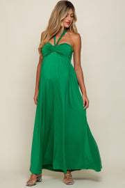 Green Front Knot Halter Maternity Maxi Dress