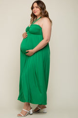 Green Front Knot Halter Maternity Plus Maxi Dress