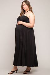 Black Front Knot Halter Maternity Plus Maxi Dress