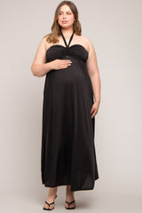 Black Front Knot Halter Maternity Plus Maxi Dress