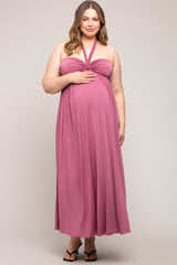 Mauve Front Knot Halter Maternity Plus Maxi Dress