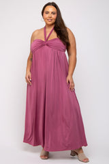 Mauve Front Knot Halter Maternity Plus Maxi Dress