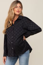 Black Checkered Satin Button Up Maternity Top