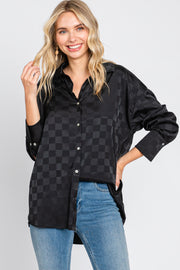 Black Checkered Satin Button Up Top