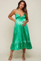 Green Satin Smocked V-Neck Maternity Midi Dress