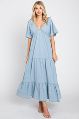 Light Blue Denim Tiered Maternity Midi Dress