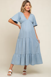 Light Blue Denim Tiered Maternity Midi Dress