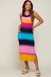 Multi-Colored Stripe Ribbed Side Slit Maternity Midi Dress