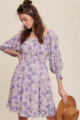 Lavender Flower Print Square Neck And Puff Sleeve Dress