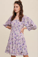 Lavender Flower Print Square Neck And Puff Sleeve Dress