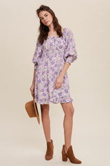 Lavender Flower Print Square Neck And Puff Sleeve Dress