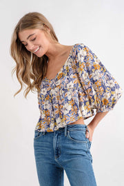 Blue Floral Top With V Neck