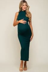 Forest Green Ribbed Mock Neck Side Slit Maternity Maxi Dress