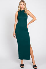 Forest Green Ribbed Mock Neck Side Slit Maxi Dress