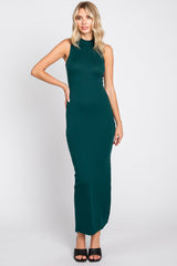 Forest Green Ribbed Mock Neck Side Slit Maxi Dress