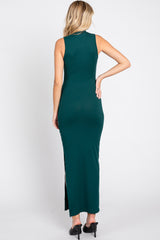 Forest Green Ribbed Mock Neck Side Slit Maxi Dress