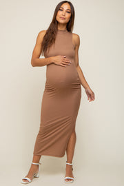 Taupe Ribbed Mock Neck Side Slit Maternity Maxi Dress