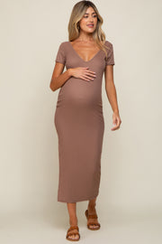 Mocha Basic Ribbed Side Slit Maternity Midi Dress